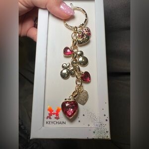 Disney Mickey & Minnie Mouse Keychain Charms Heart Red Pink Hearts Gold